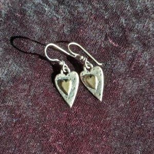 Mixed metal heart dangle earrings, dimensional, sterling wires, designer quality